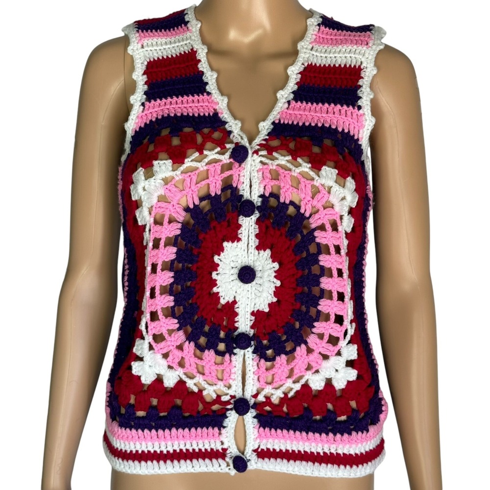 Vintage 70s Crochet Granny Square Vest Purple Pink Red Acrylic Button Front S